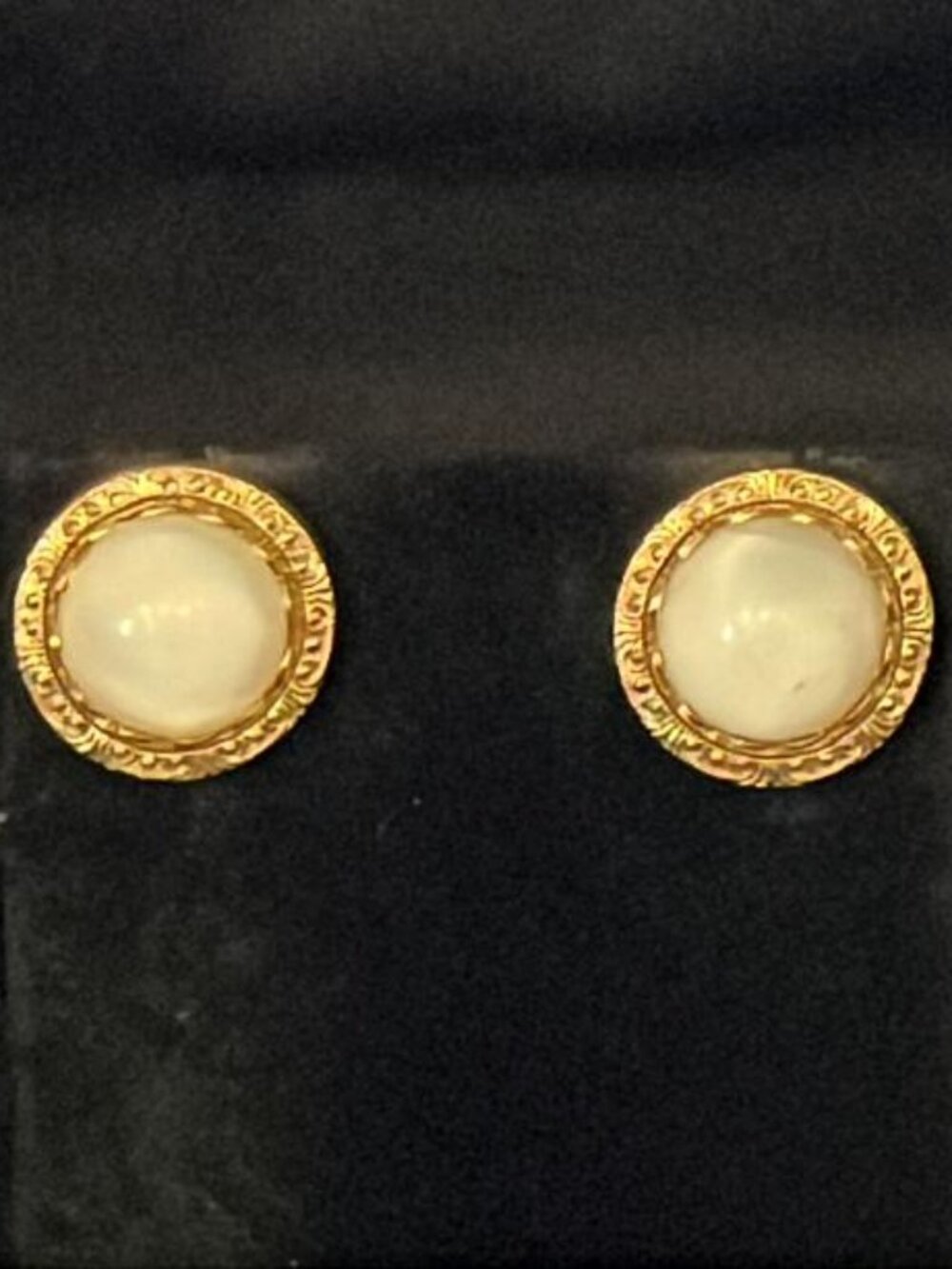 Milky White Round with Ornate Gold Tone Frame Earrings